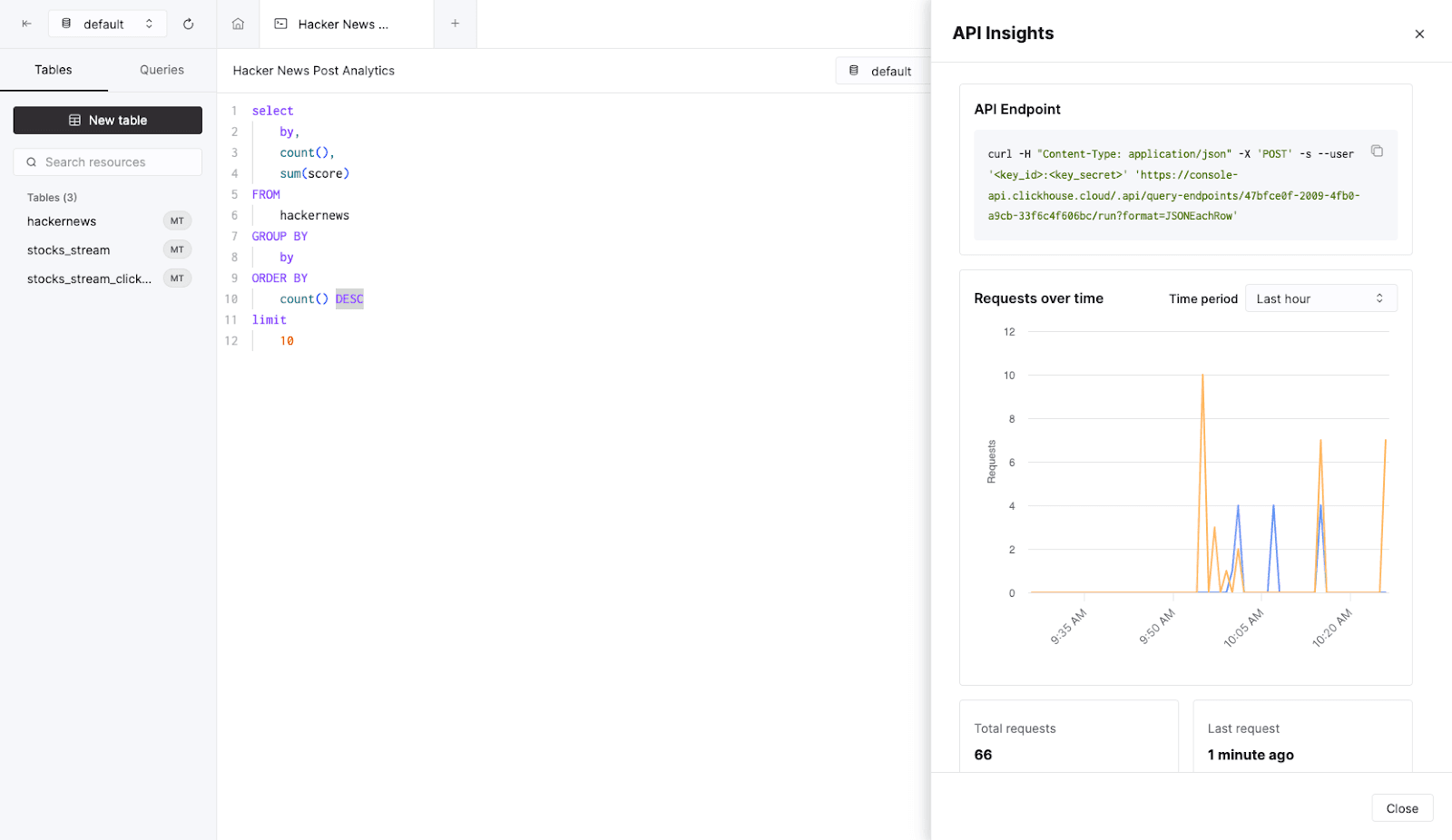 ClickHouse Cloud interface showing the API Endpoints configuration with various settings