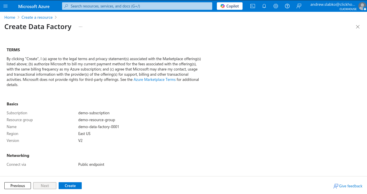 Подтверждение нового экземпляра Data Factory на Портале Azure