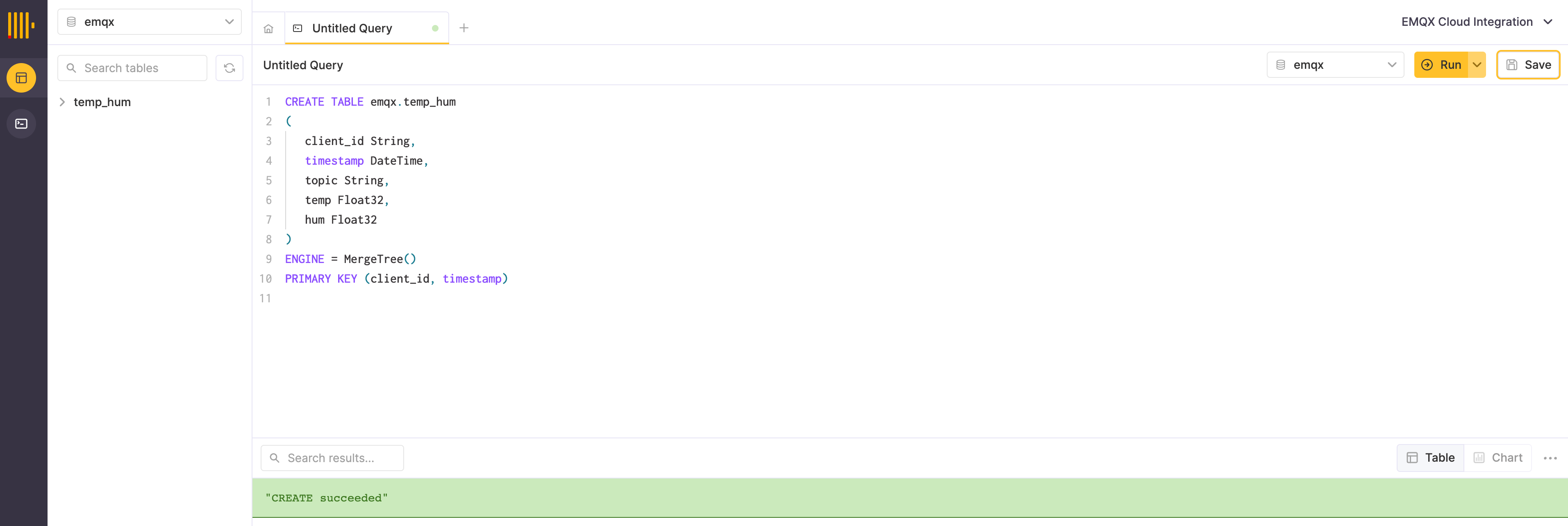 Выполнение SQL-запроса для создания базы данных и таблицы ClickHouse Cloud