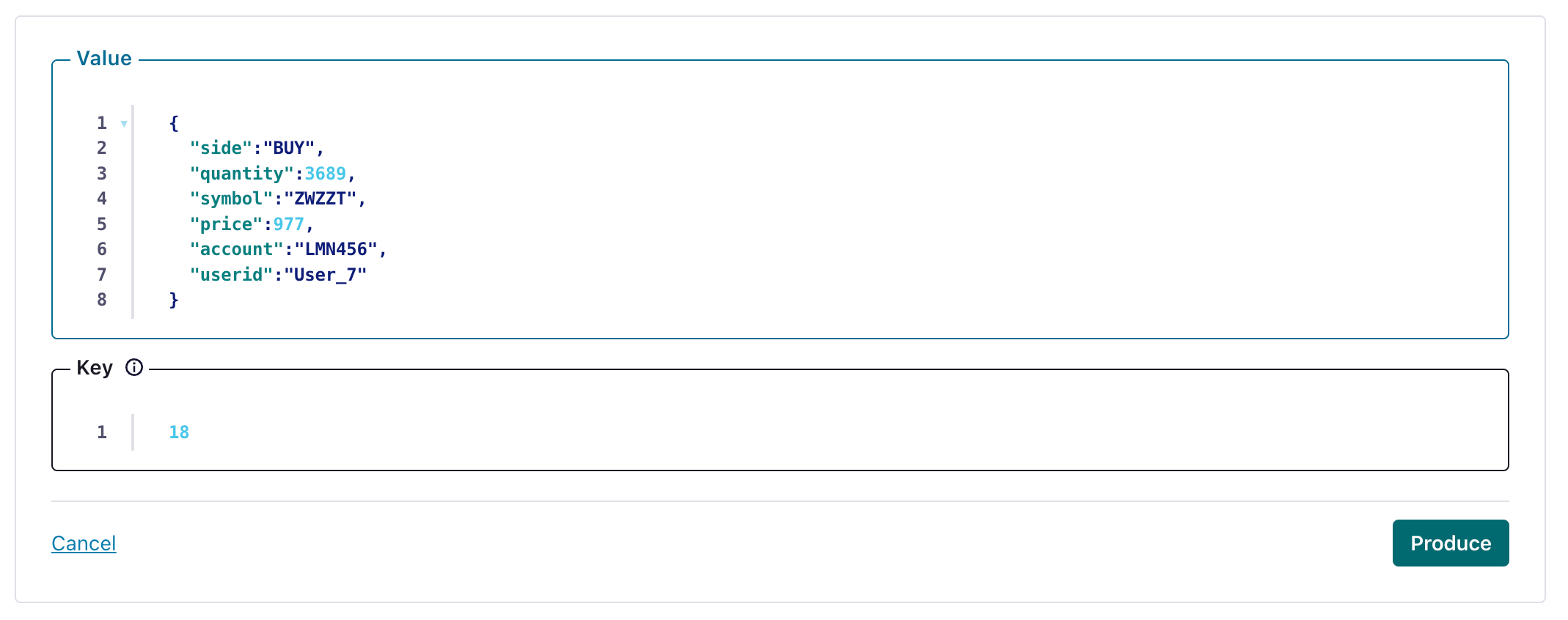 Интерфейс Confluent Cloud, показывающий, как создать тестовое сообщение в теме Kafka