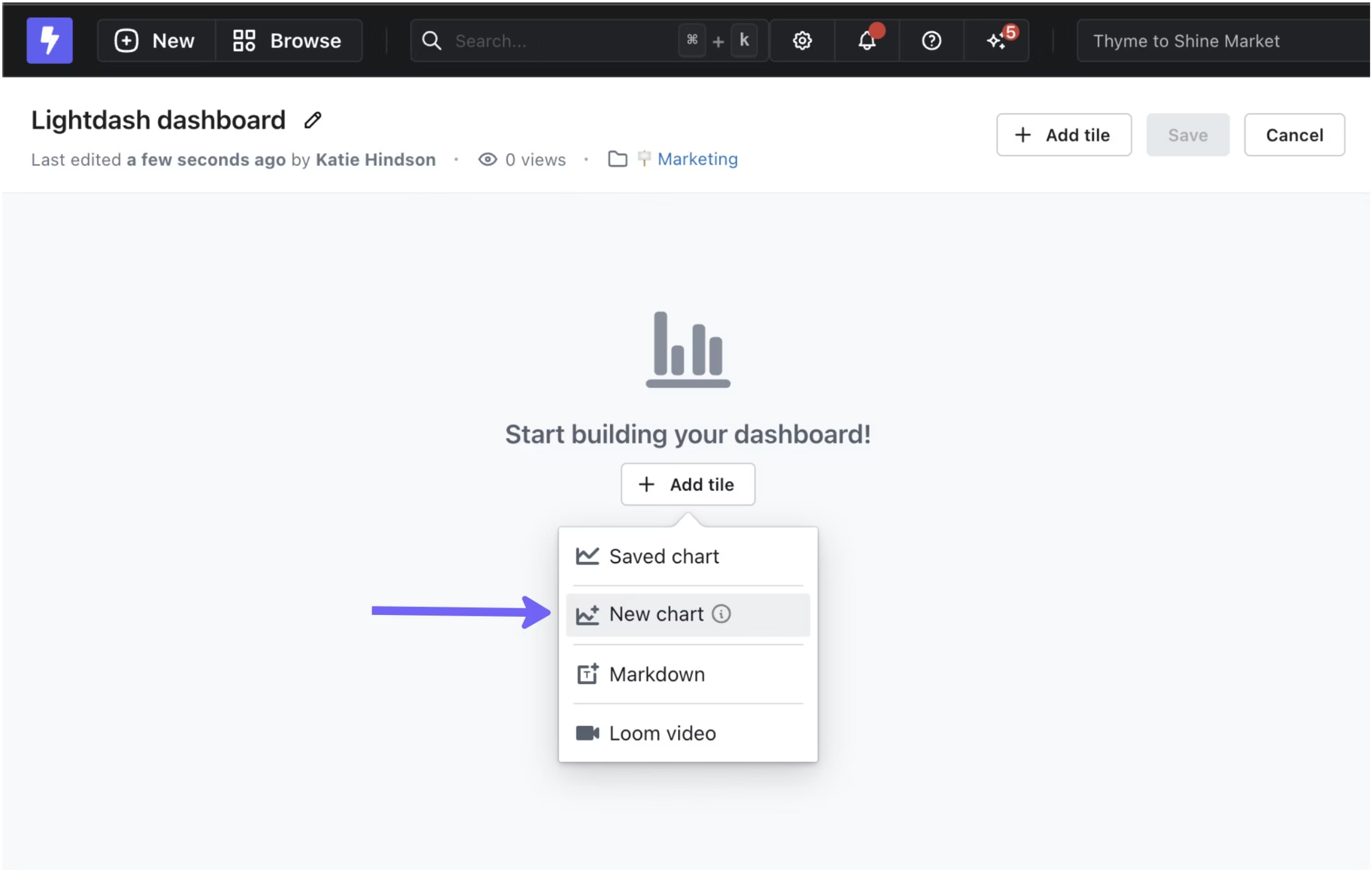 Creating and organizing charts within a Lightdash dashboard