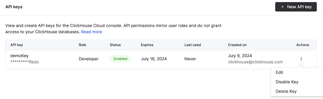 Страница управления ключами API