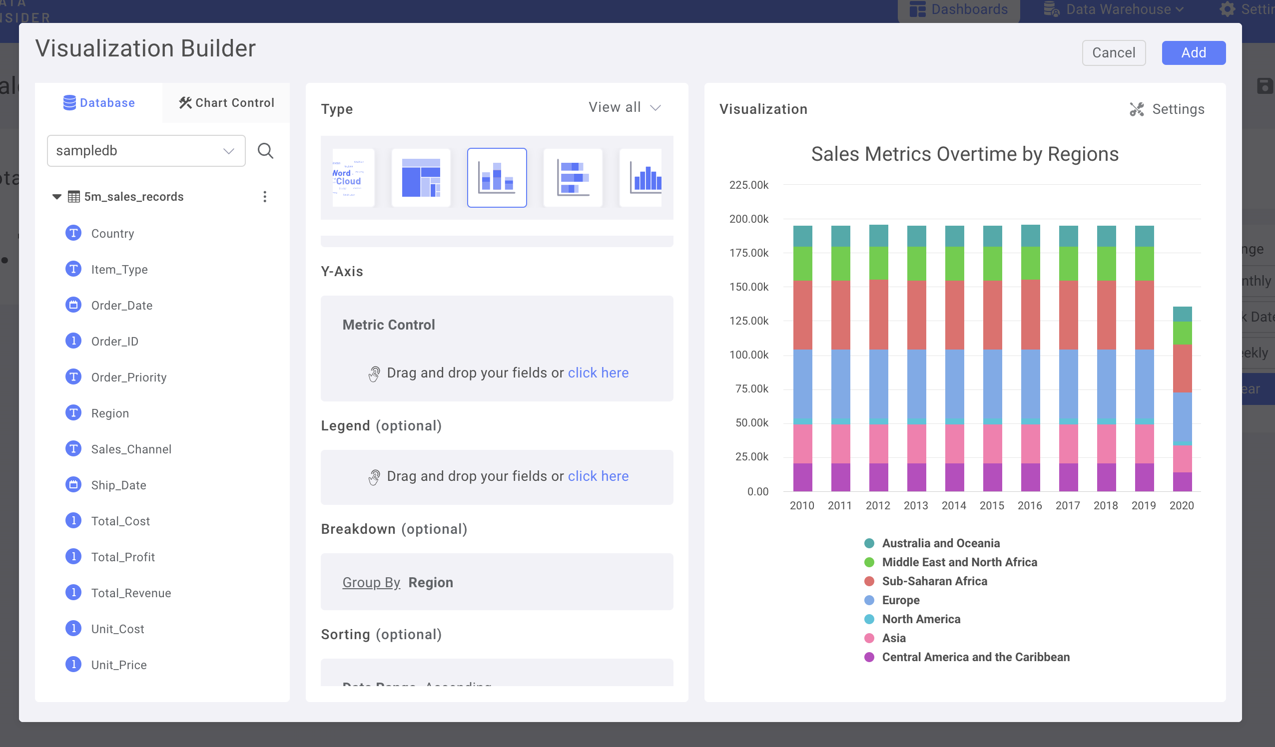 Region column being added as breakdown dimension in the stacked column chart