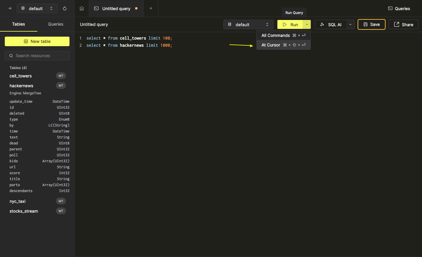 выполнить на курсоре