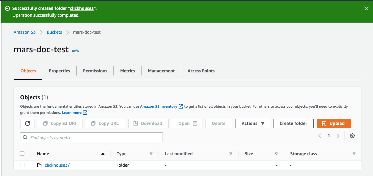 Просмотр вновь созданной папки в корзине S3