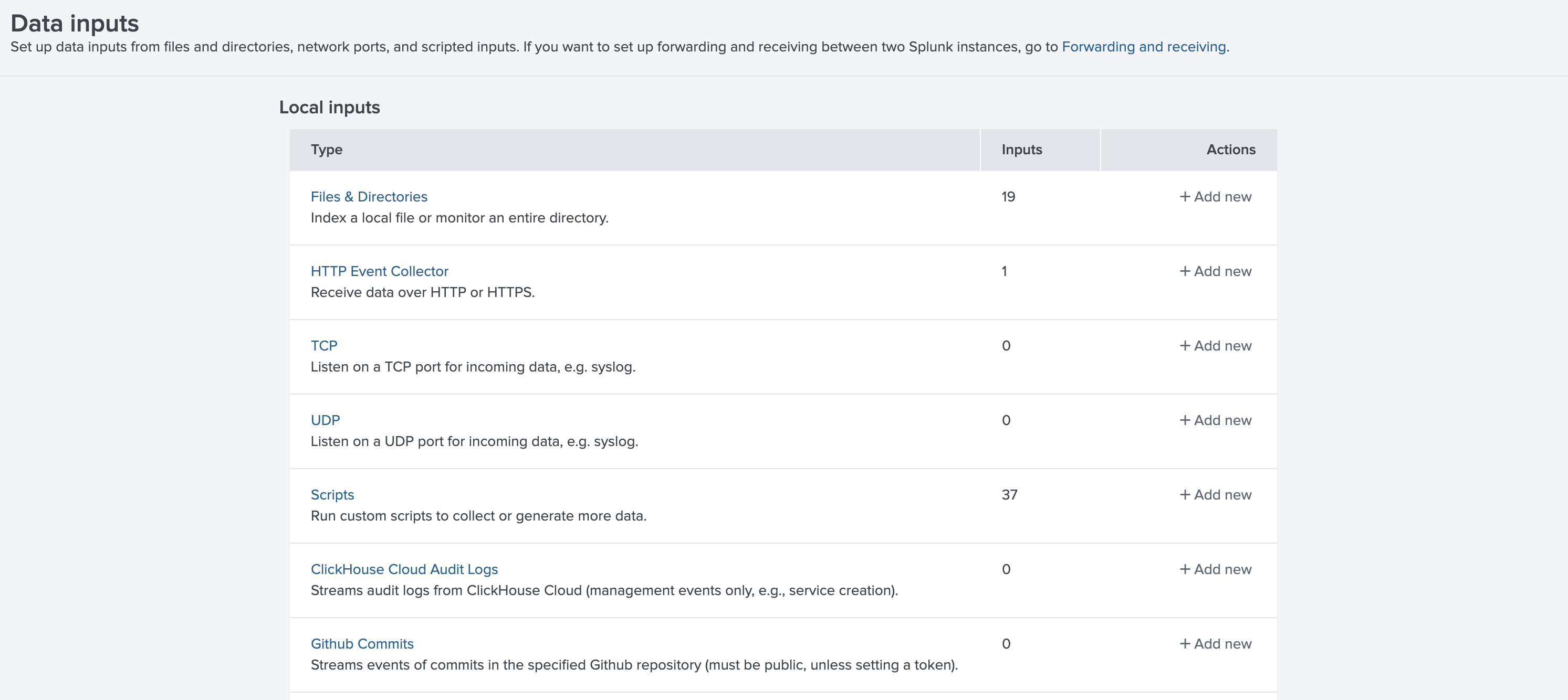Интерфейс Splunk, показывающий меню настроек с опцией ввода данных