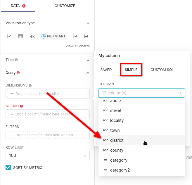 Конфигурация размера, показывающая выбранное поле района для круговой диаграммы